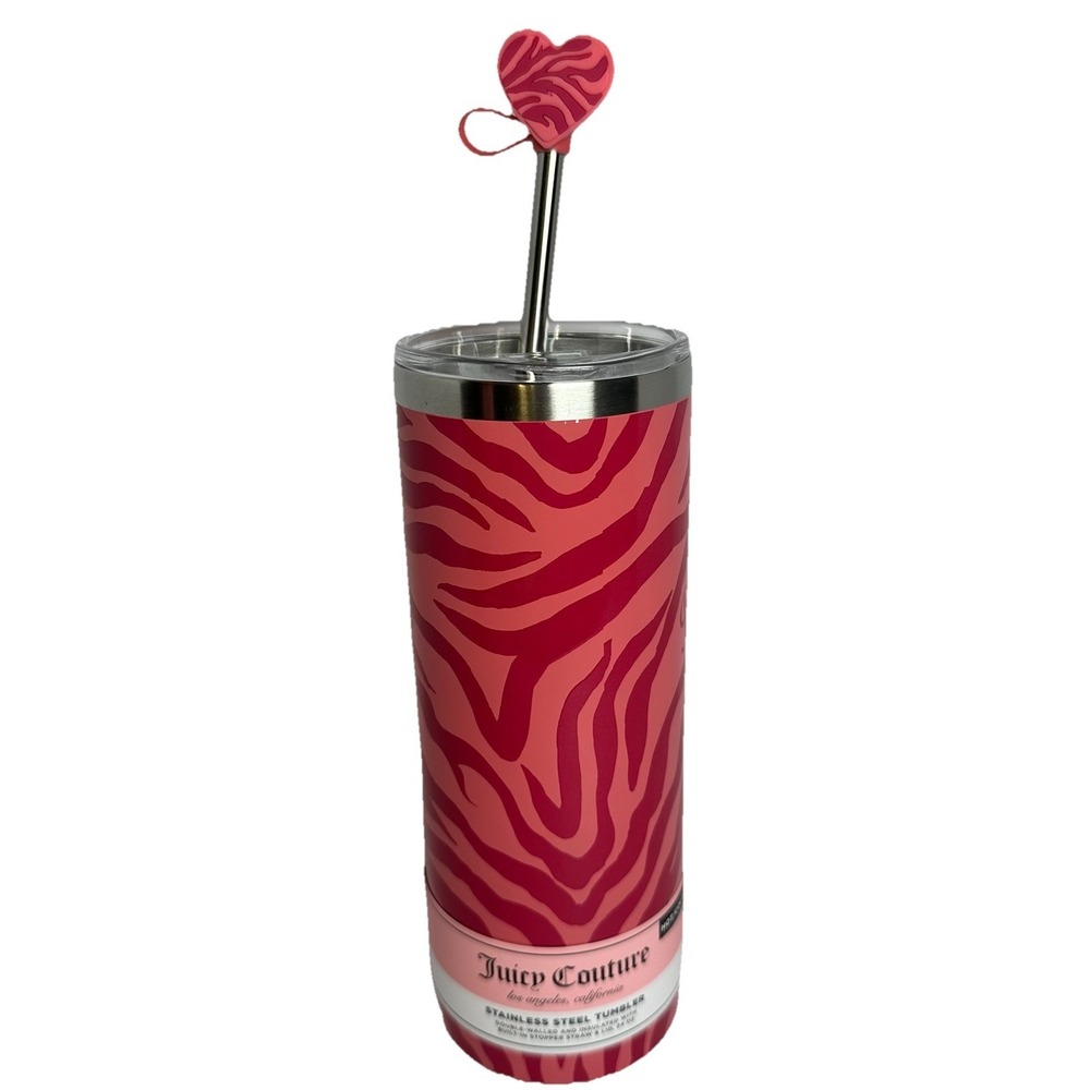 Juicy Couture Pink Zebra Print Stainless Steel Tumbler 24oz Heart Straw Cup